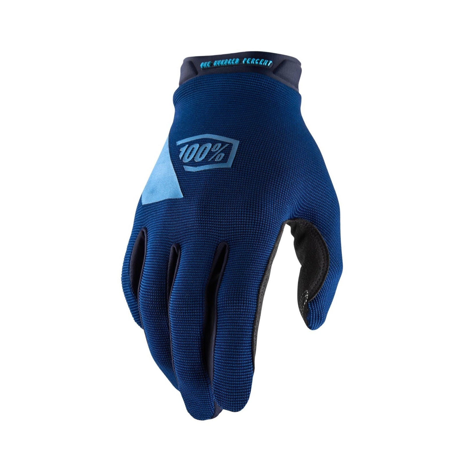 Blue glove with 100% logo on a white background