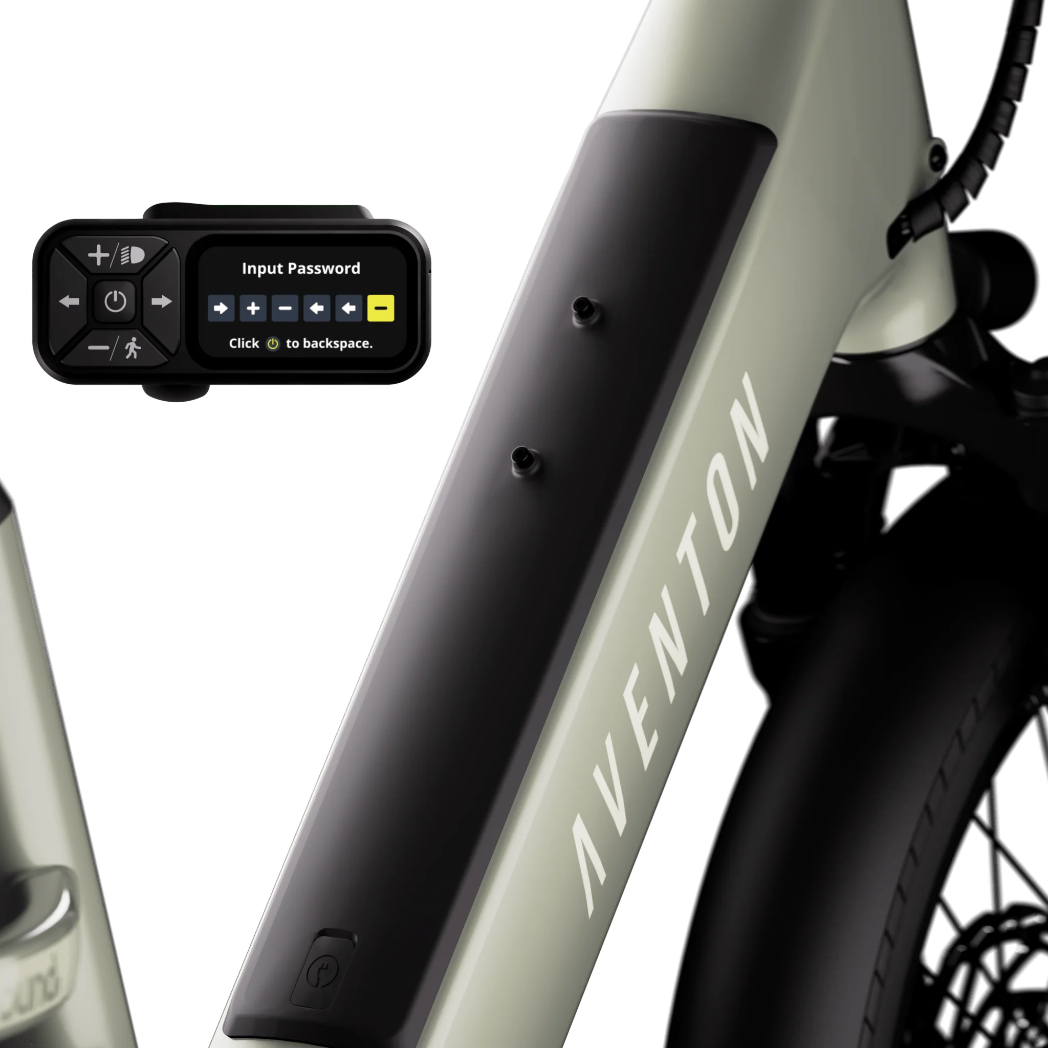 Close-up of a bicycle with a control panel and 'Aventon' branding on a white background