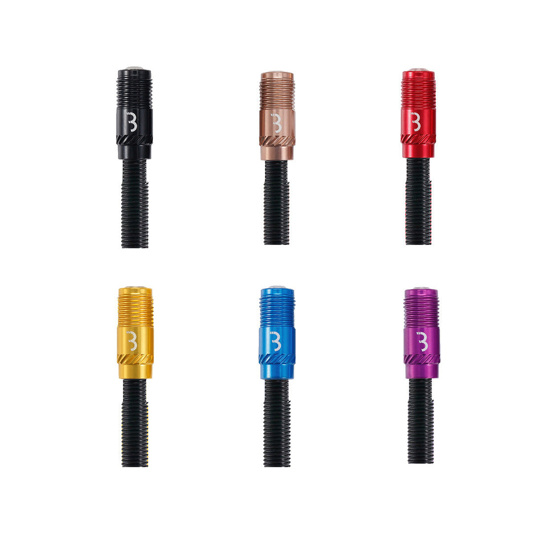 Six threaded metal valve stem caps arranged in a 2x3 grid on a white background, each with a different anodized finish: black, copper, red, gold, blue, and purple. Each cap features a white stylized 'B' logo.