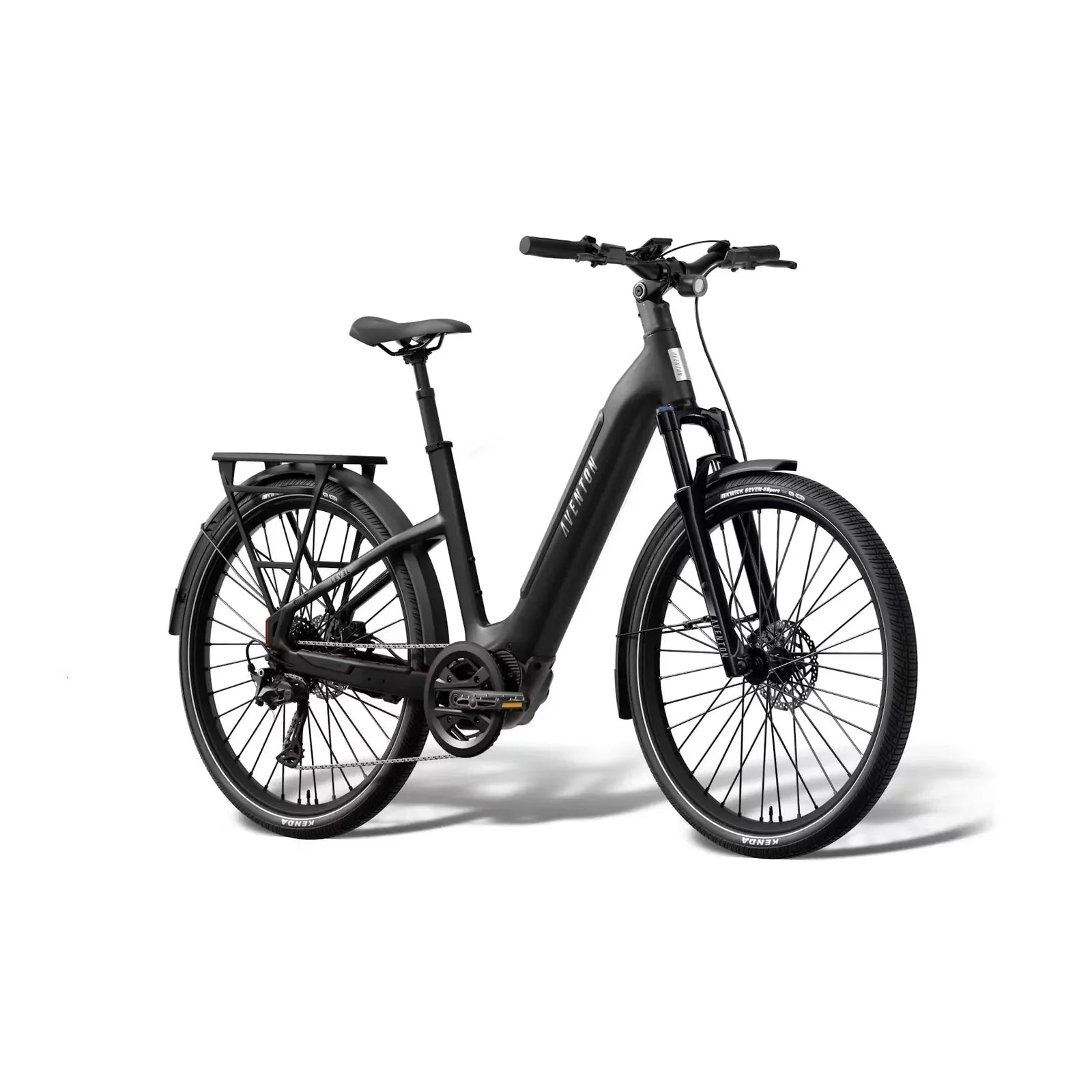 Black Aventon Trava ADV Step Through City E-Bike on a white background