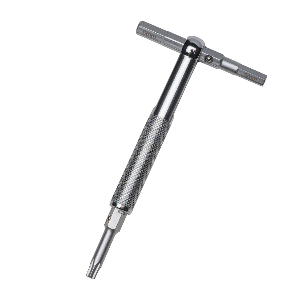 Metal tool with a textured handle on a white background