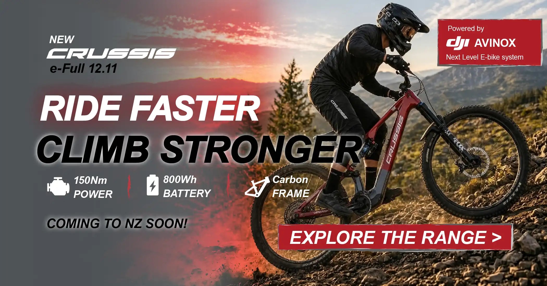 Crussis Avinox eMTB advertisement for a mountain bike with promotional text and branding elements.