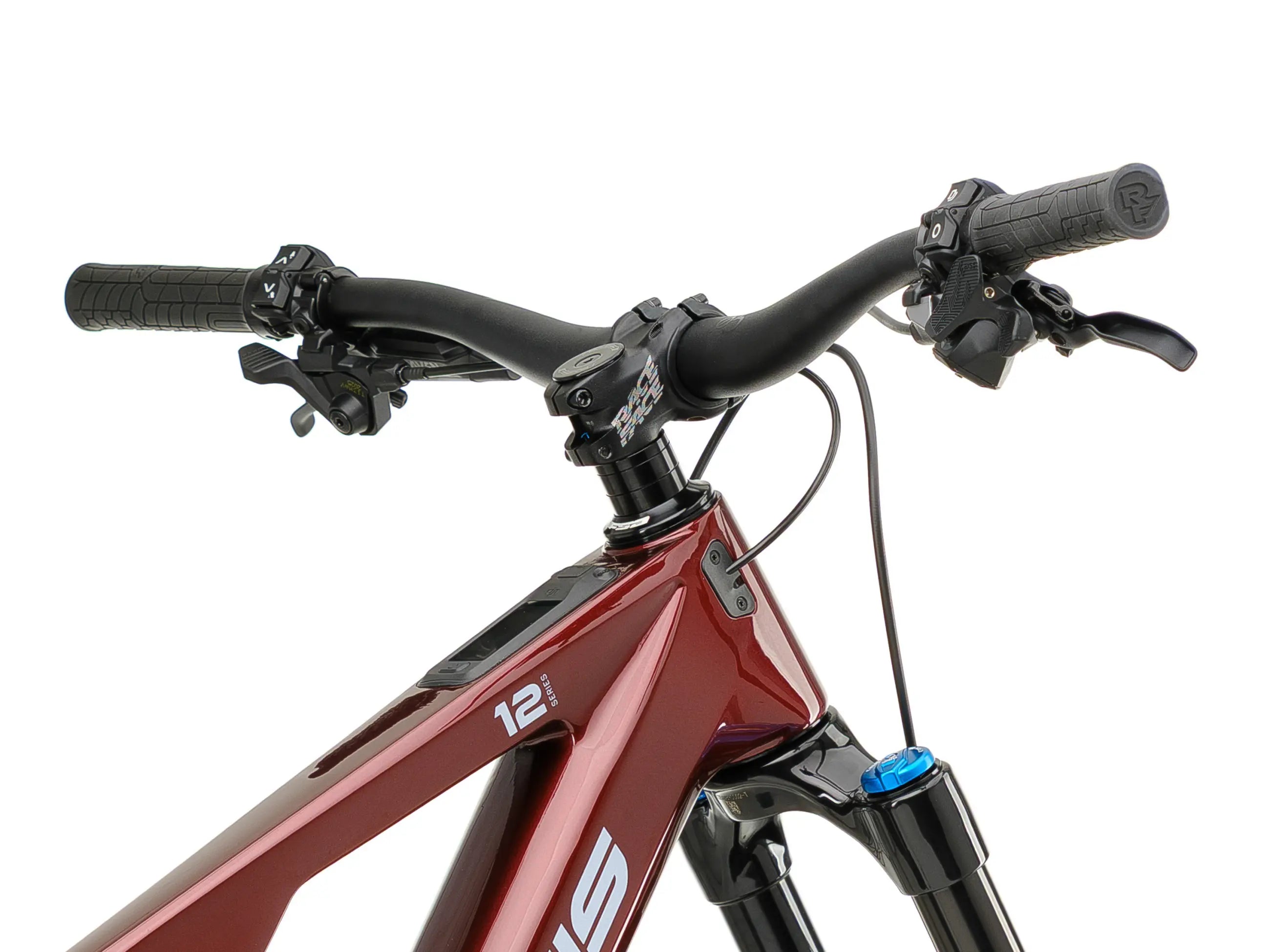 Close-up of the Crussis e-Full 12.11 electric bicycle with black handlebars on a white background