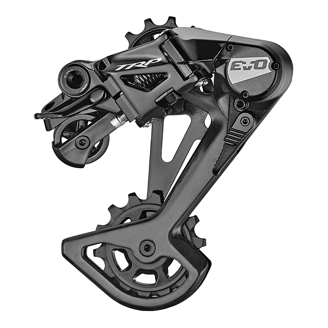A black TRP EVO12 Rear Derailleur for bicycles.