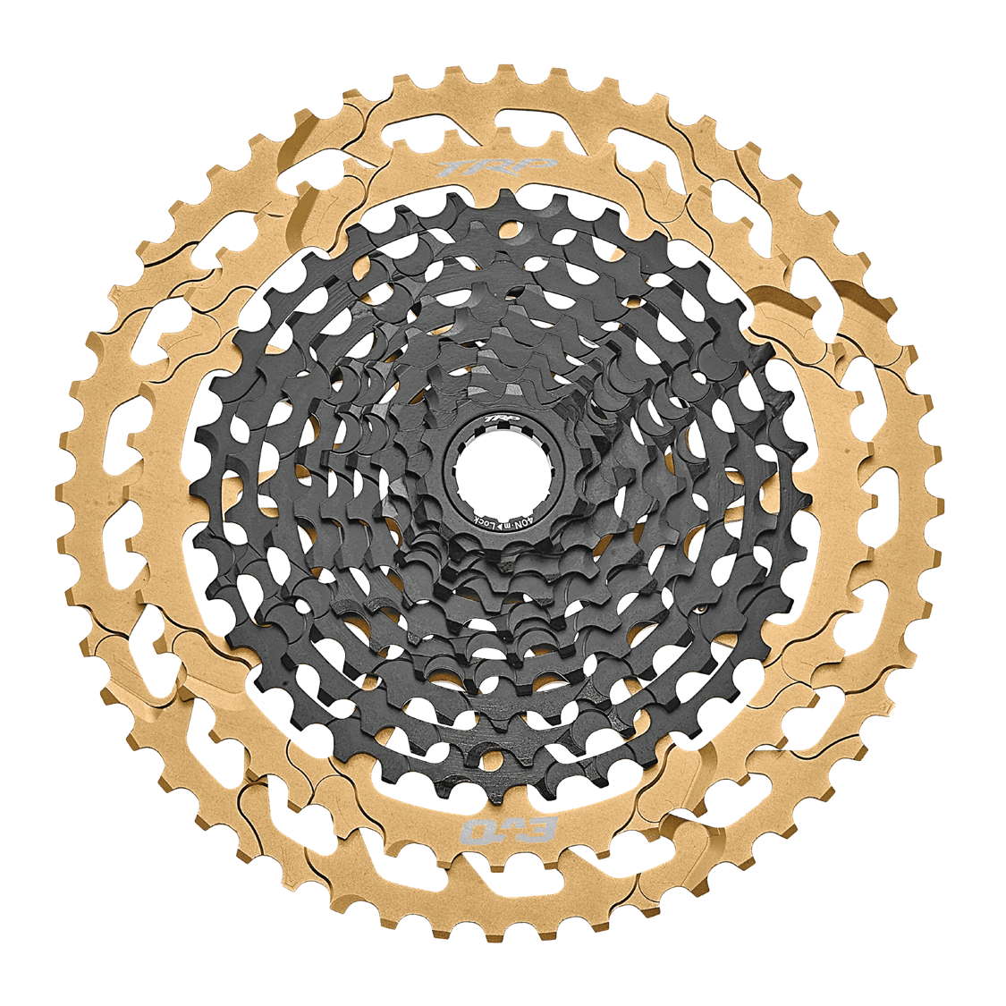 A black and gold TRP EVO12 cassette with 12 spokes and a range of 10-52T gears designed for bicycles.