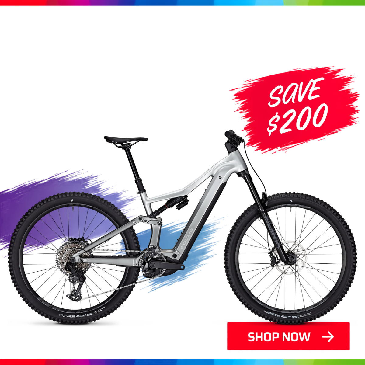 The Focus JAM 6.8 full-suspension electric mountain bike with a white frame and black components. 'SAVE $200' and 'SHOP NOW' with the Spring into Action sale