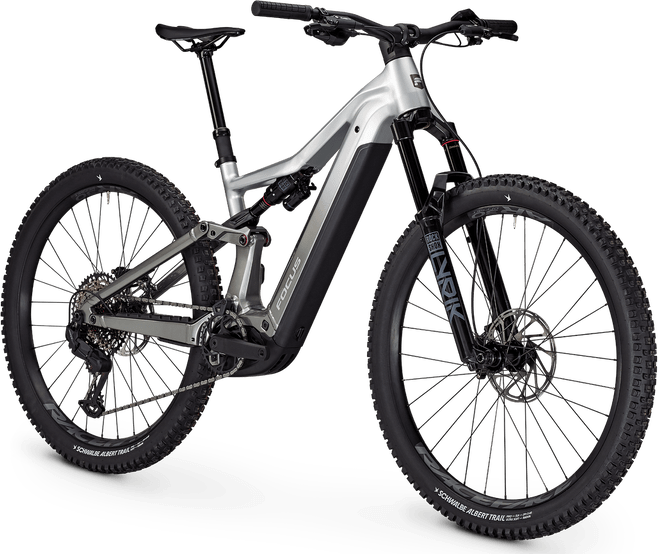 Silver Focus JAM² 6.8 electric bike on a black stand with a transparent background size angle