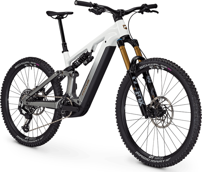 Focus Sam² 6.9 electric bike in white on a black stand with a transparent background