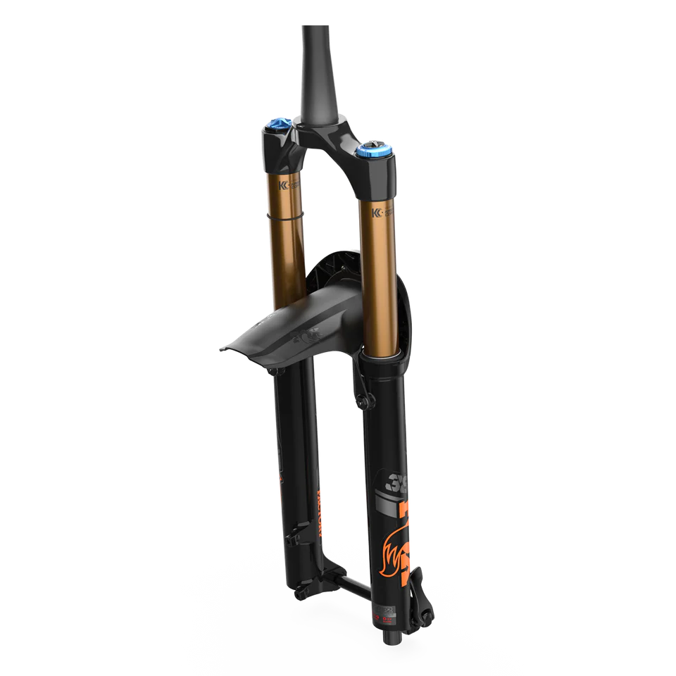 A black Fox 36/38 Fork Mudguard attached to a suspension fork, designed to protect the stanchions and seals from dust and dirt.