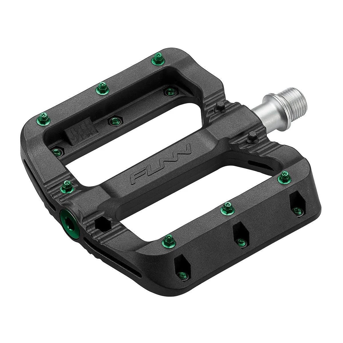 Funn Black Magic Flat Pedals with green pins