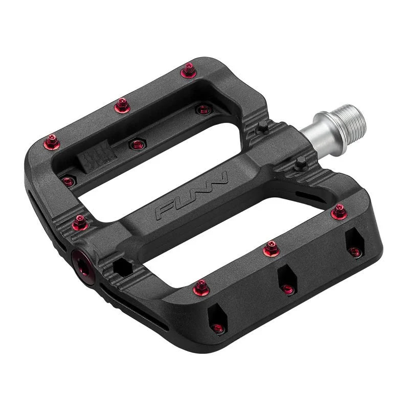 Funn Black Magic Flat Pedals with red pins