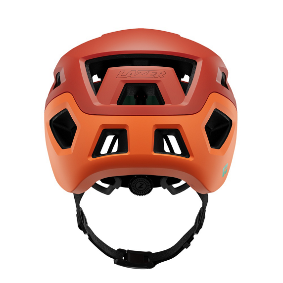 Orange lazer Coyote helmet with black straps on a white background