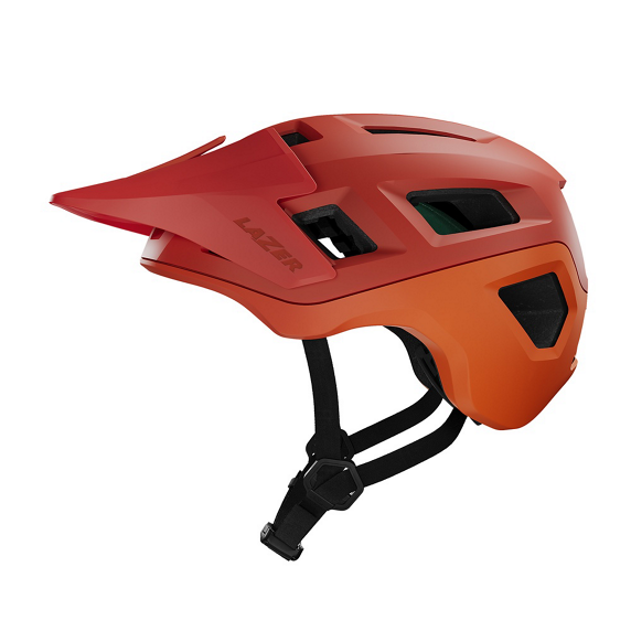 Orange Lazer Coyote helmet with black straps on a white background