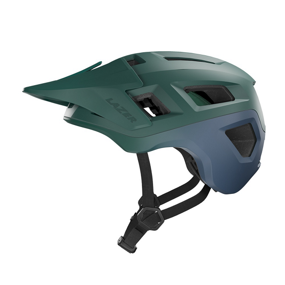 Green Lazer Coyote helmet with black chin strap on a white background