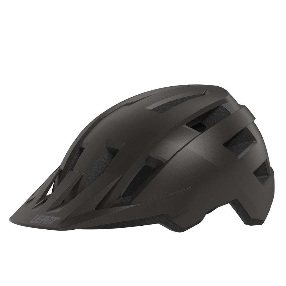 A matte black Leatt MTB Trail 1.0 mountain bike helmet with multiple aerodynamic vents, shown from a three-quarters angle on a solid white background.