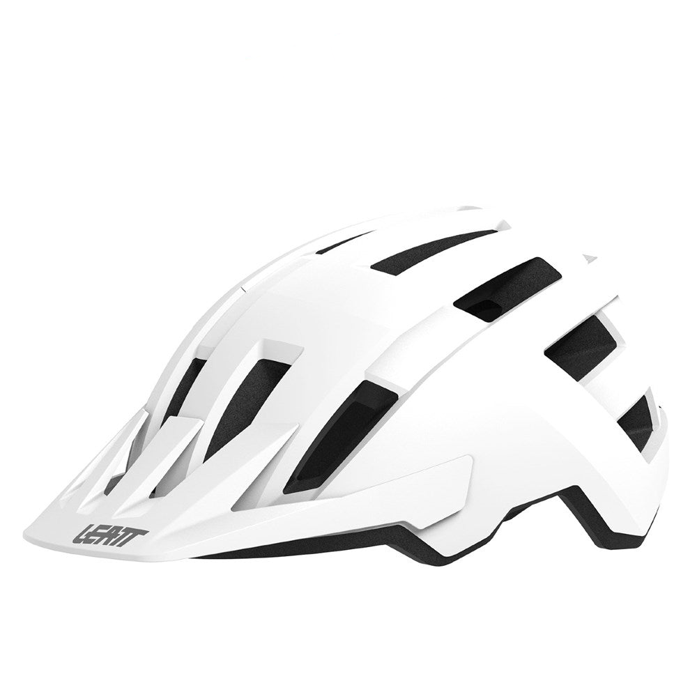 A white Leatt mountain bike helmet with black accents and multiple ventilation slots, shown from a three-quarters angle on a solid white background.