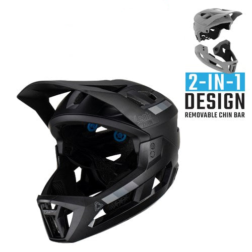Black Leatt Enduro helmet with removable chin bar design, Leatt logo, and '2-in-1' feature text on a white background.