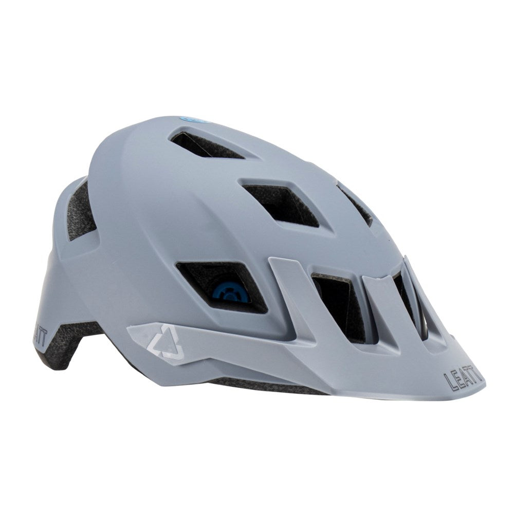 Gray Leatt helmet with black accents on a white background