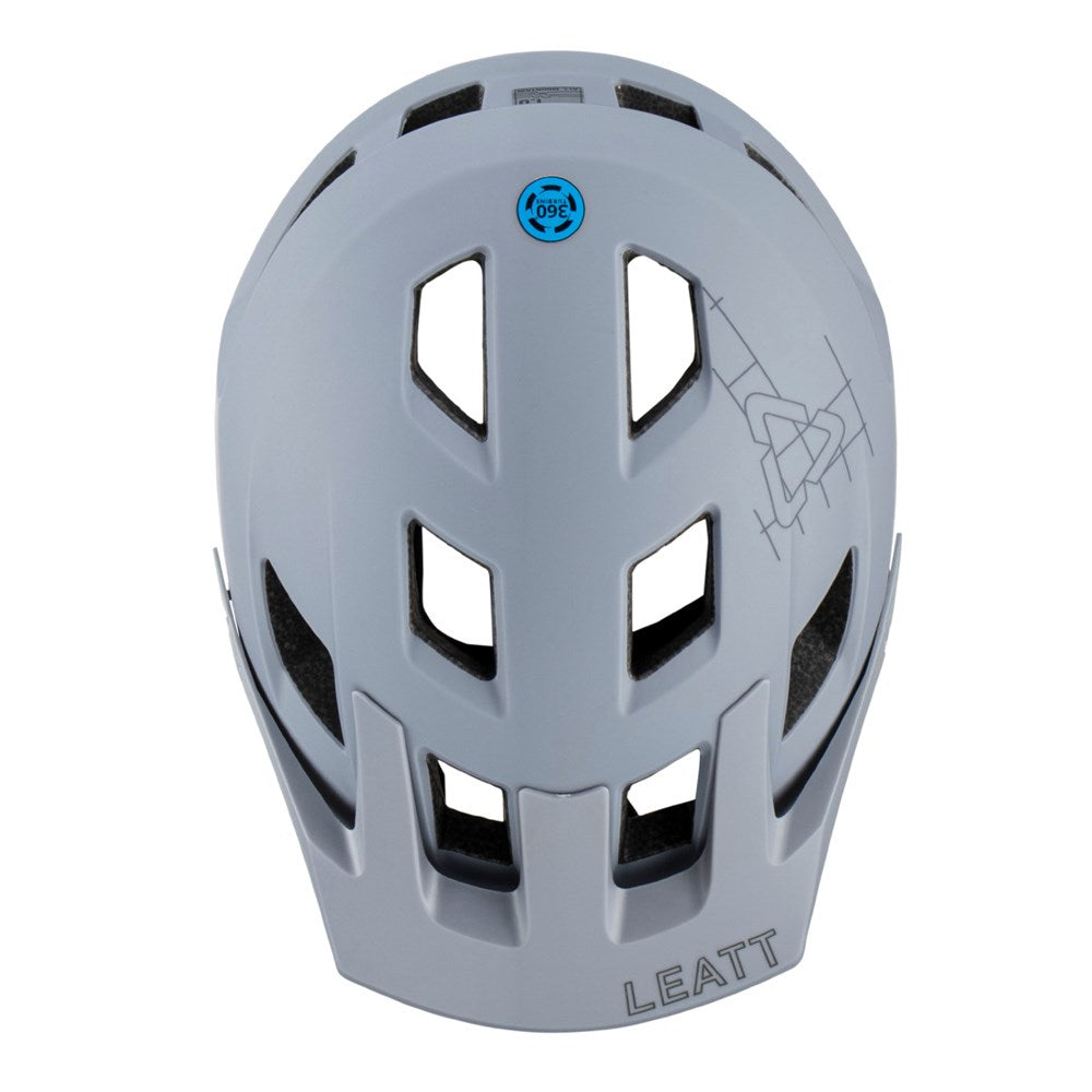Gray Leatt helmet with a blue logo on a white background