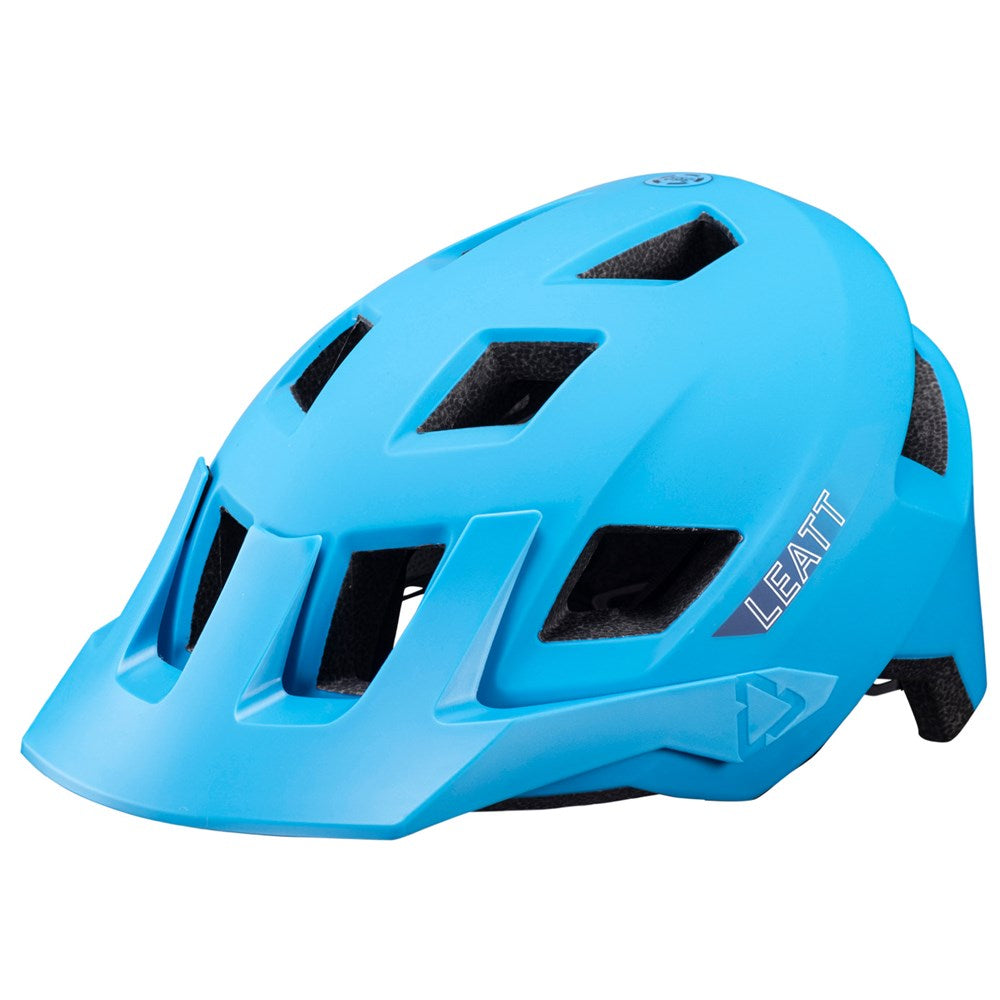 Blue helmet with 'Leatt' branding on a white background
