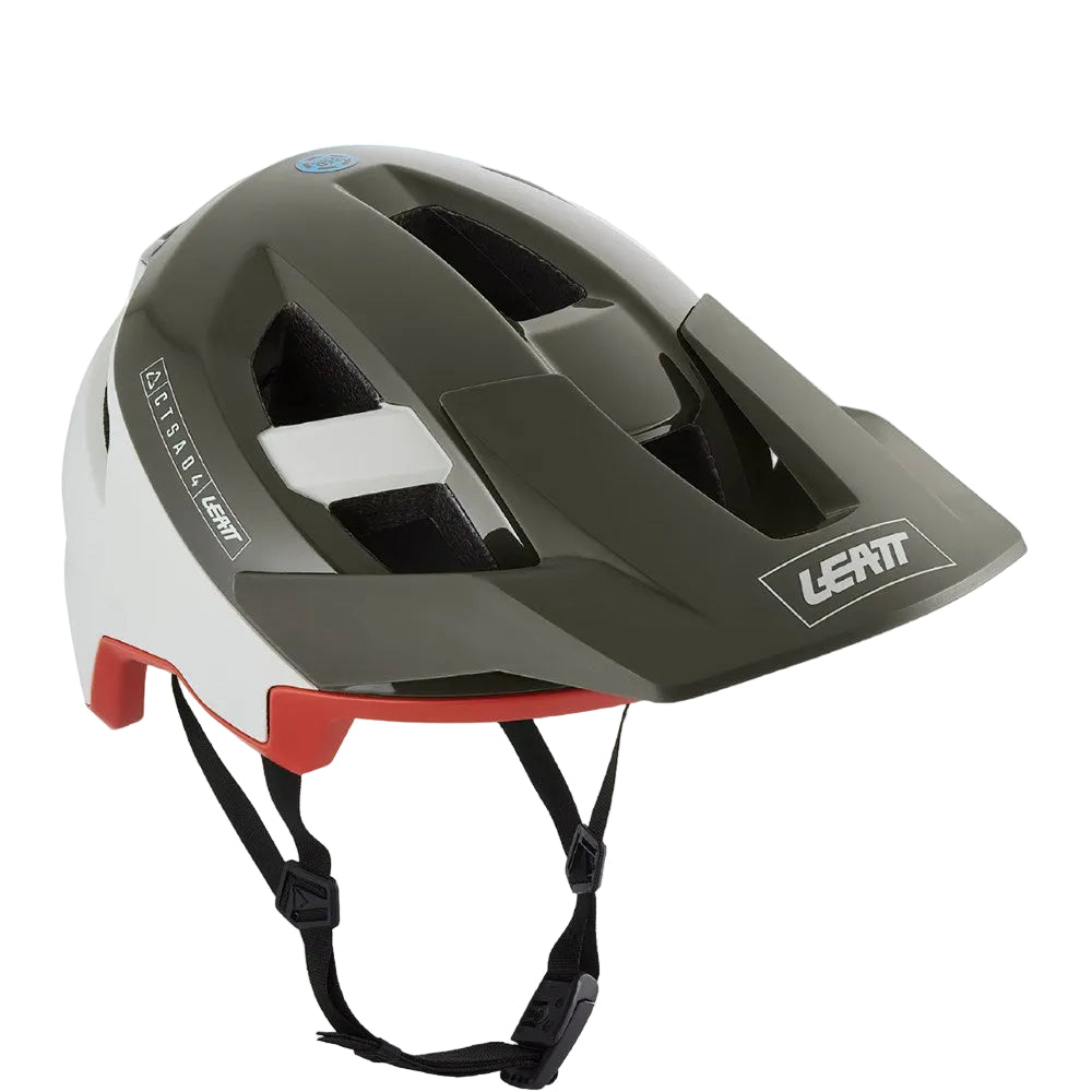 Leatt mountain bike helmet in dark olive green, white, and red, shown with black chin straps on a white background. The image includes Leatt branding, anti-dust and 360-degree ventilation badges, and a 3-year replacement program badge.