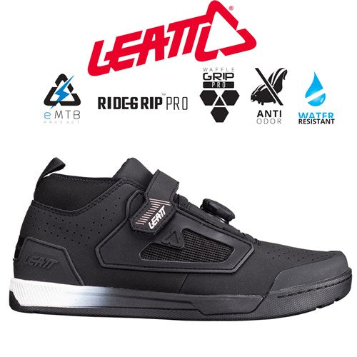 Black shoe with Leatt branding and feature icons on a white background