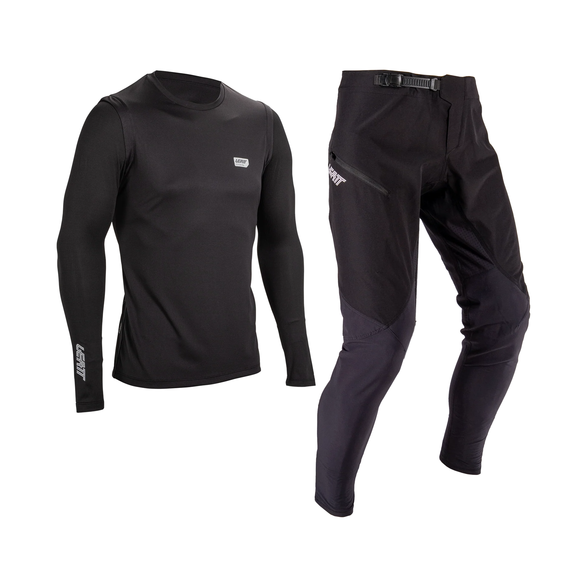 Black long-sleeve shirt and pants Leatt Ride kit on a white background