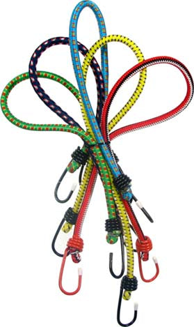 Colorful bungee cords with hooks on a white background