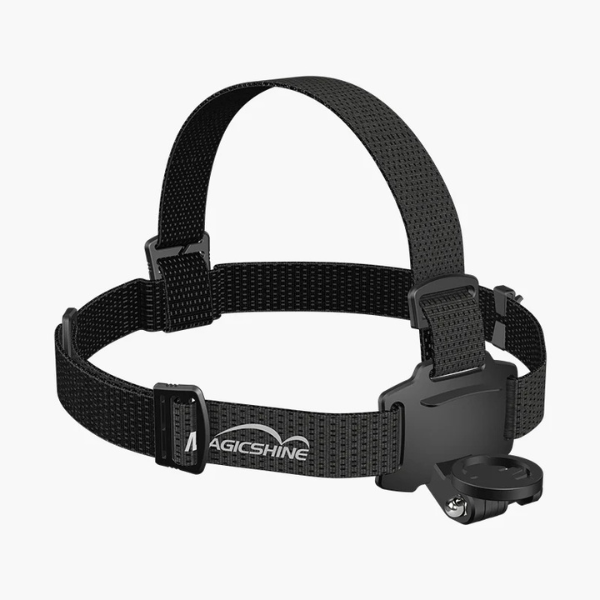 Black headlamp with adjustable strap on a white background