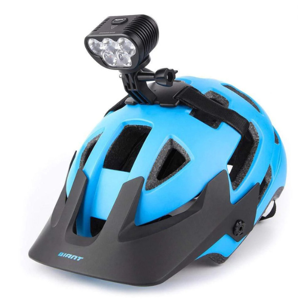 Blue helmet with a light attachment on a white background