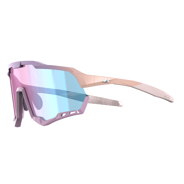 Magicshine sport glasses with pink frame and blue-tinted lenses on a white background