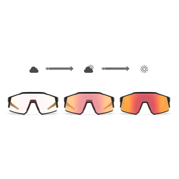 Sunglasses with different lens colors for varying weather conditions on a white background