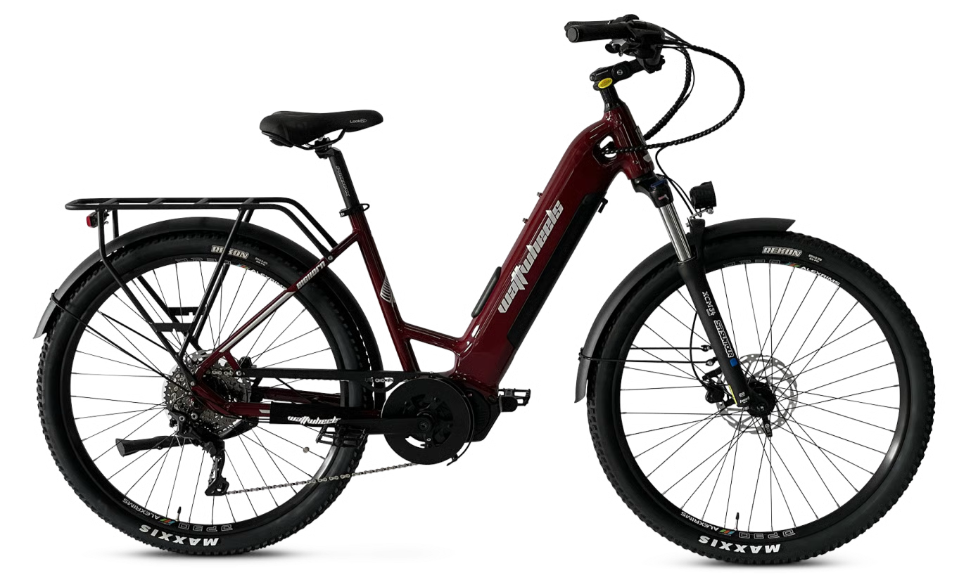 Electric bicycle (Wattwheels Bighorn LS V4 E-Bike) with maroon frame and black components on a white background