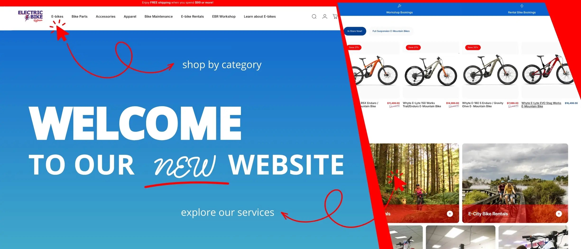 Two website screenshots with promotional text and images of bicycles.