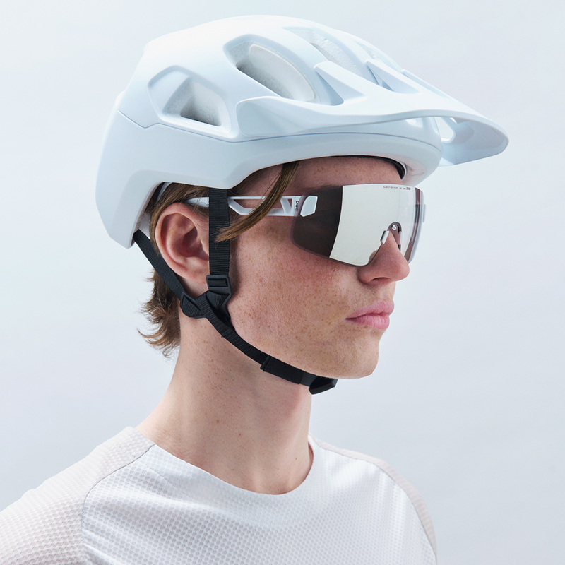 Model wearing POC Cularis Helmet – Uranium Black Matt / Hydrogen White