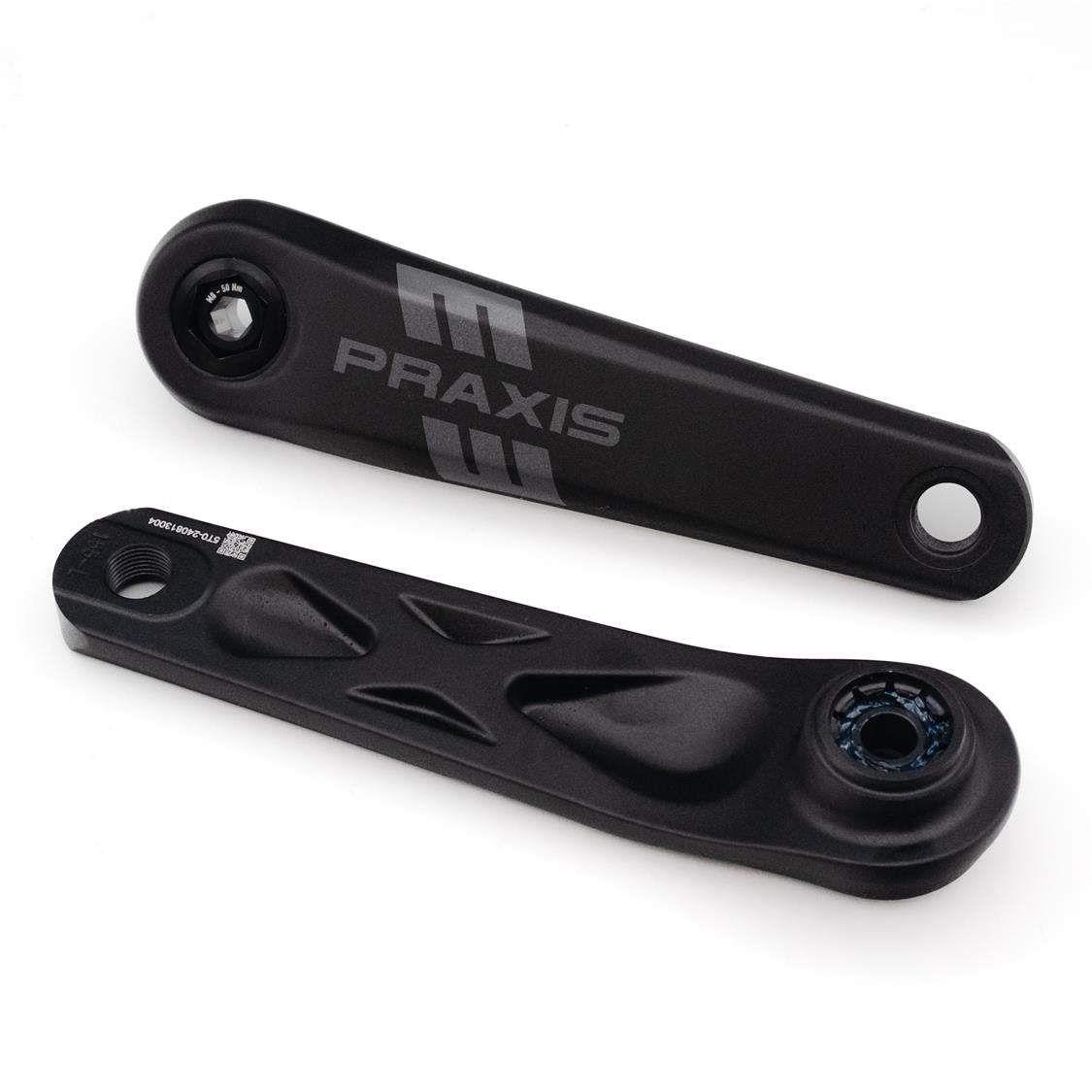Two black bicycle cranks with 'Praxis' branding on a white background. For Bosch and Avinox System