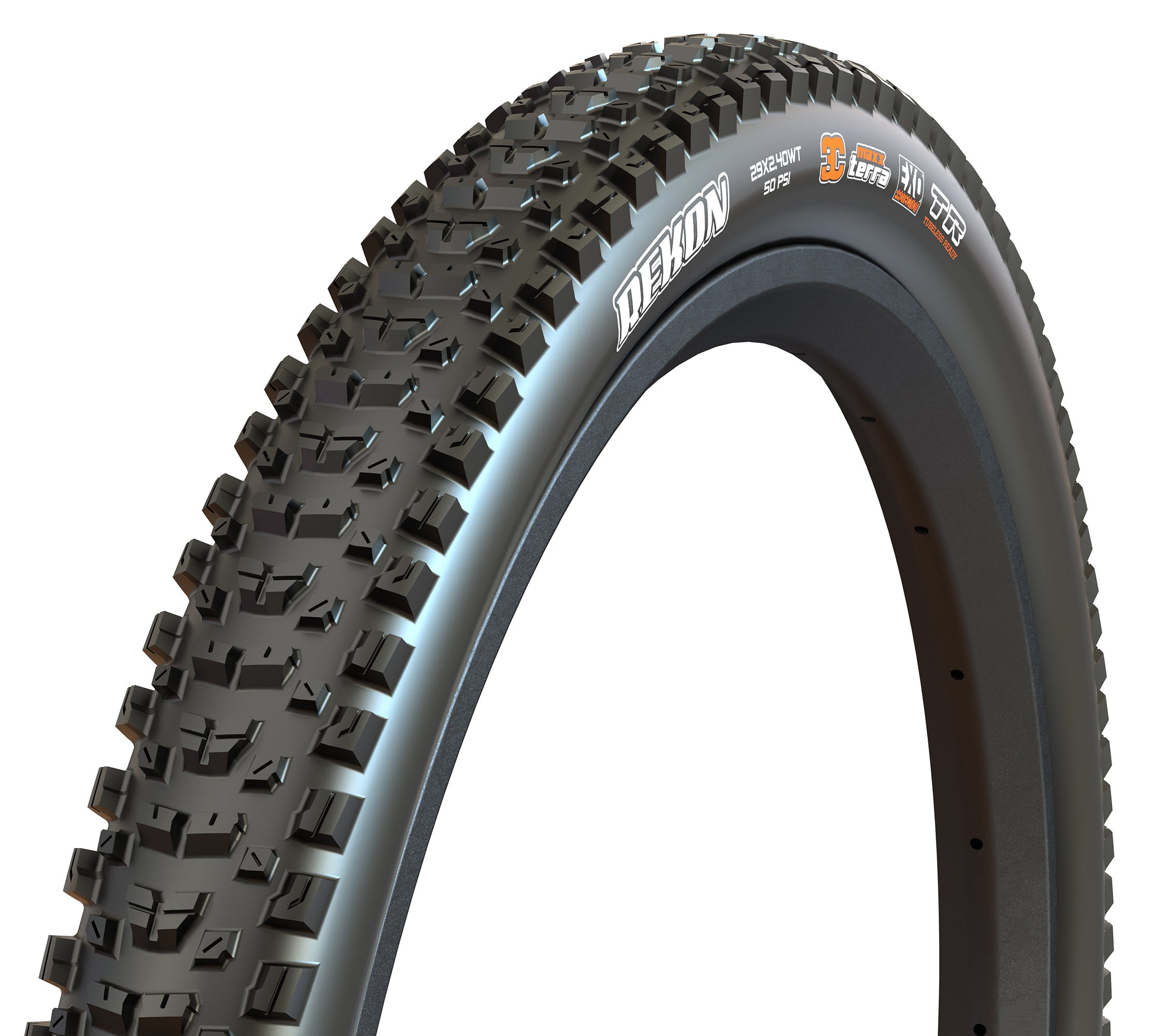Close-up of Maxxis Rekon – 29" with tread pattern and brand name on a white background