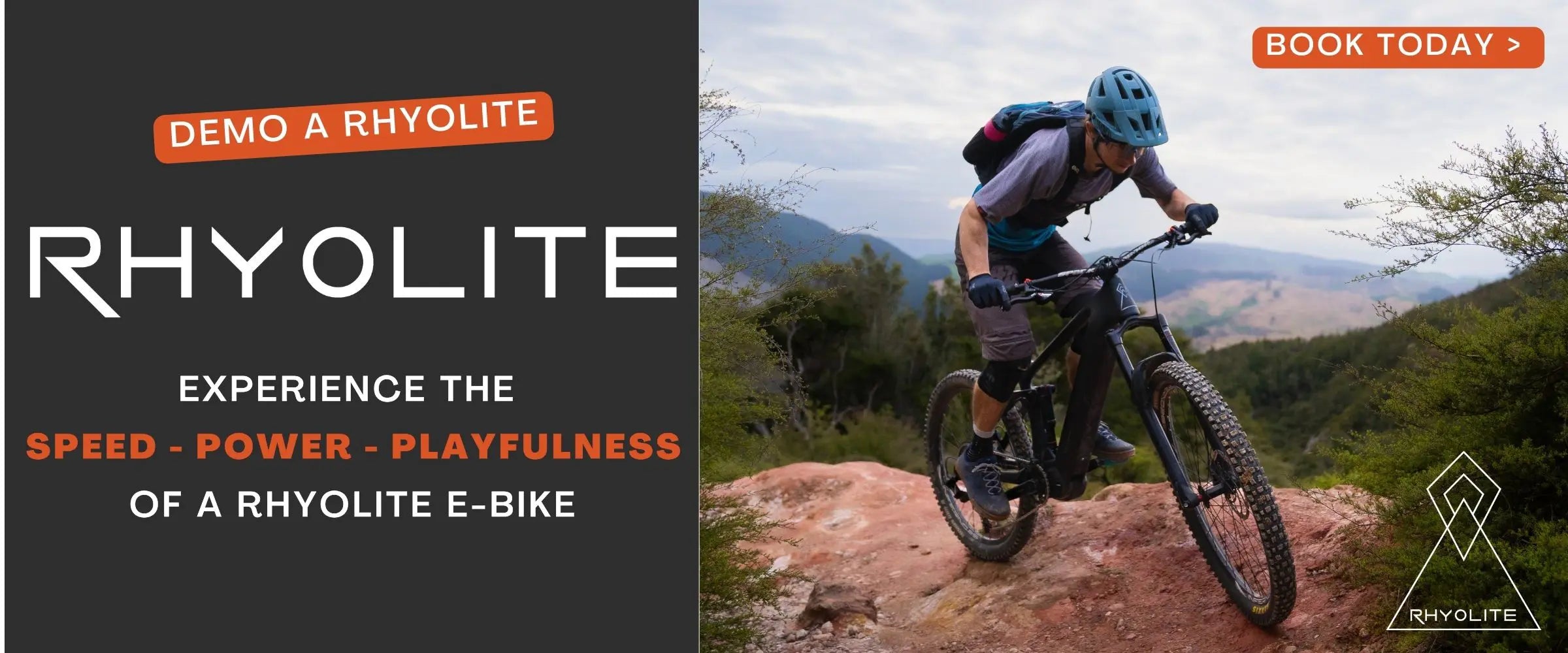 Advertisement for Rhyolite e-bikes with a cyclist on a mountain trail and promotional text.