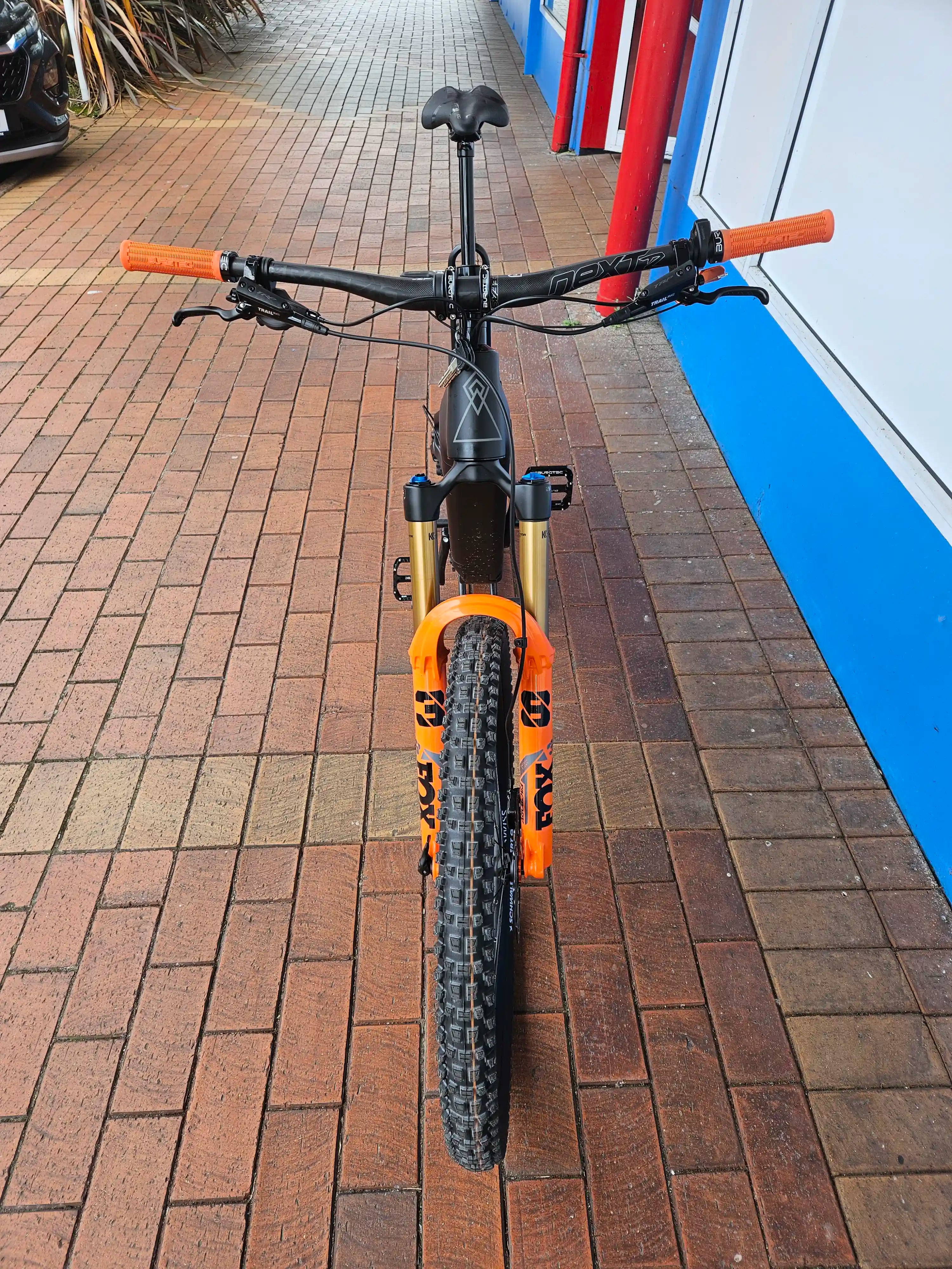 Rhyolite Elite build on a brick pavement with a blue wall in the background