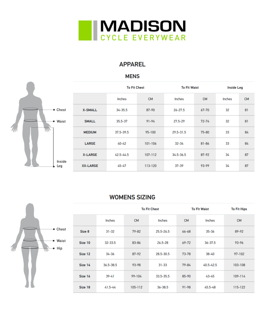 Madison Freewheel Womens Short Liners Size Chart