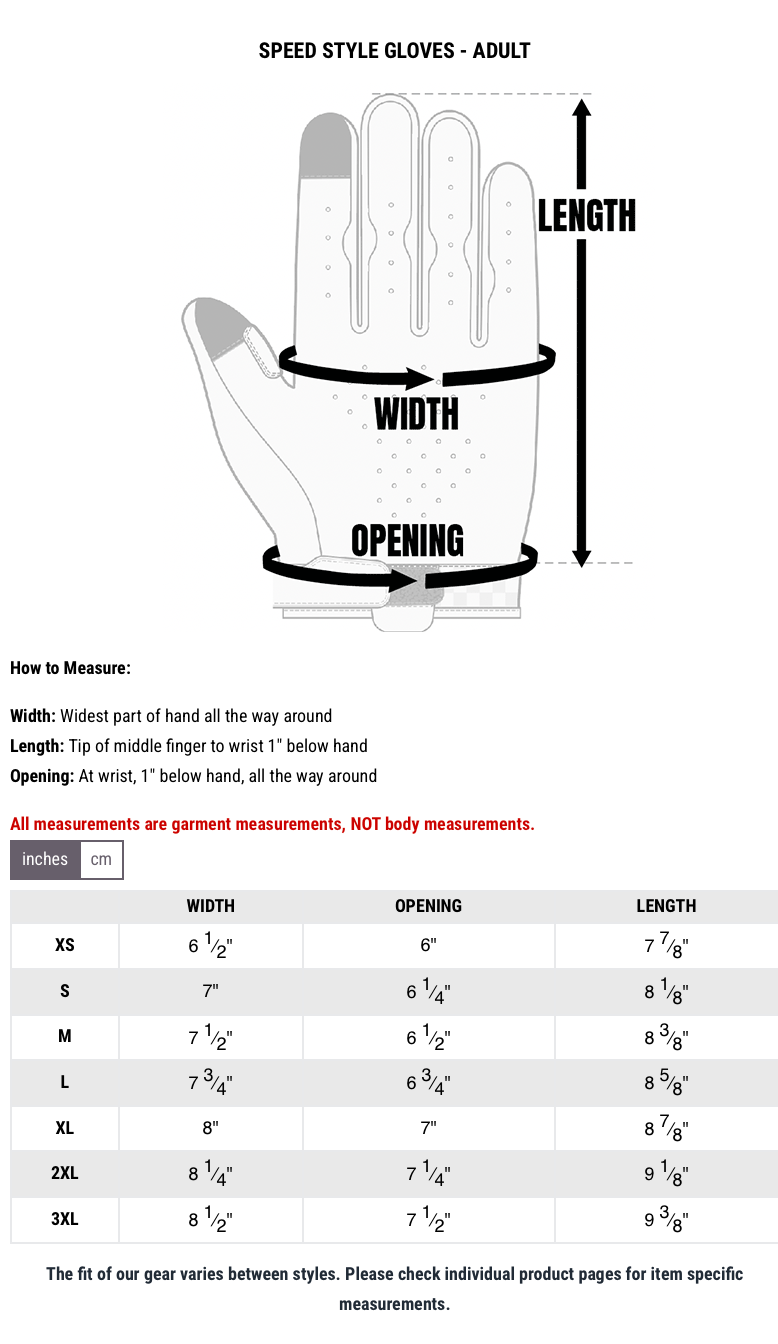 Fasthouse Speed Style Ridgeline Glove - Black Size Chart