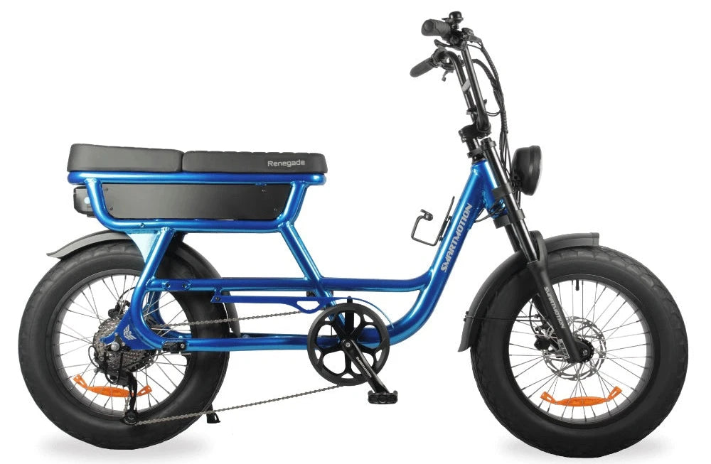 Blue Smartmotion Renegade E-Bike with a black seat on a white background