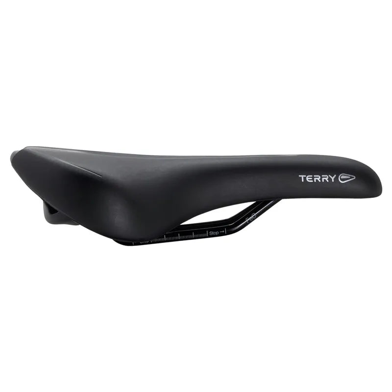 Black bicycle saddle with 'Terry' branding on a white background