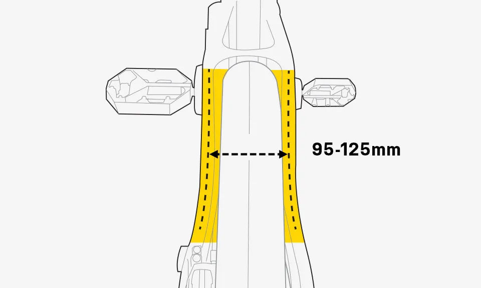 Diagram of a bicycle frame with measurement range 95-125mm highlighted.