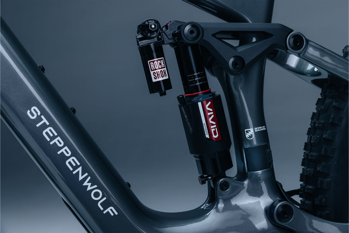 Close-up of a uspension damper with 'Steppenwolf' branding on a dark background