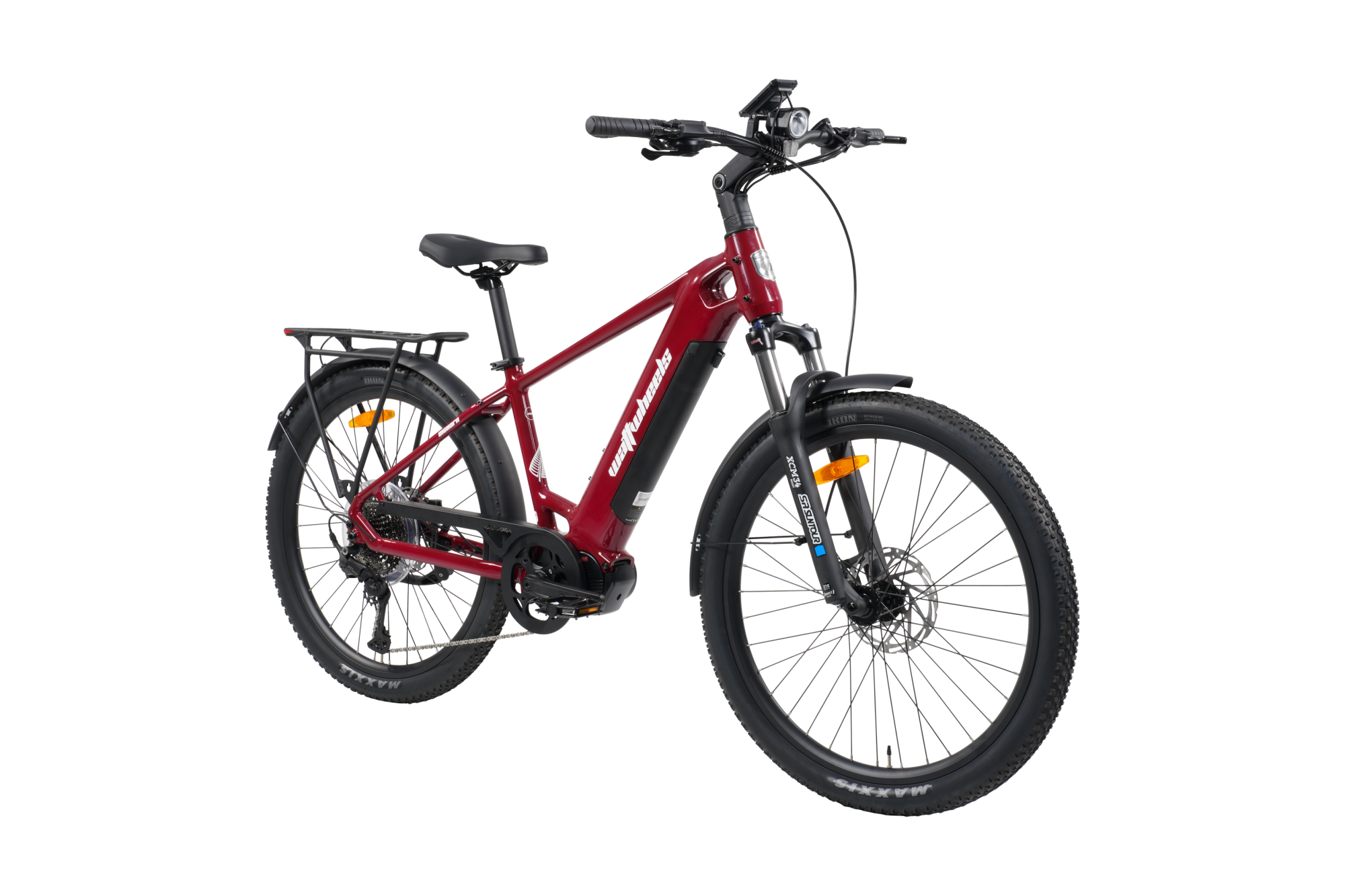 A red and black electric mountain bike with a rear cargo rack, front suspension fork, and fenders, shown from a three-quarters angle on a white background.