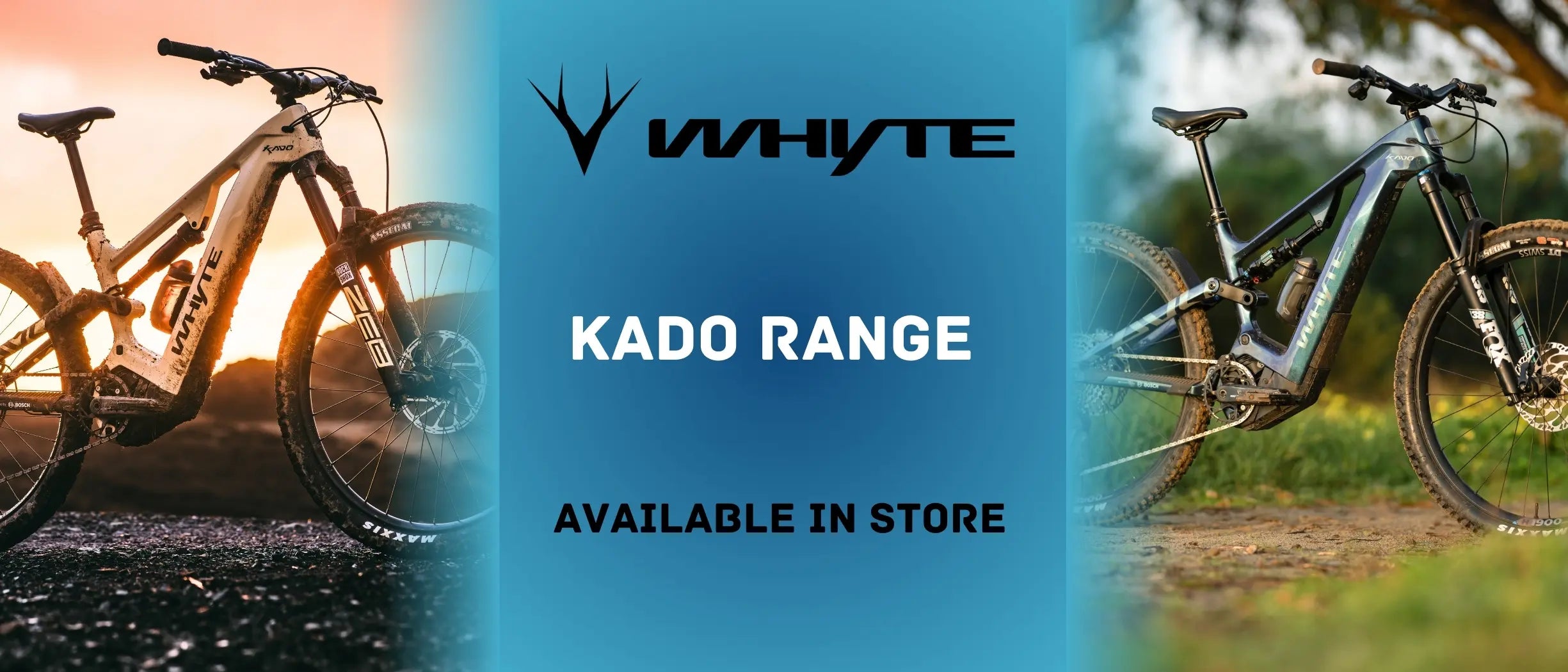 Bicycles with 'WHYTE' branding and 'KADO RANGE' text on a blue background.