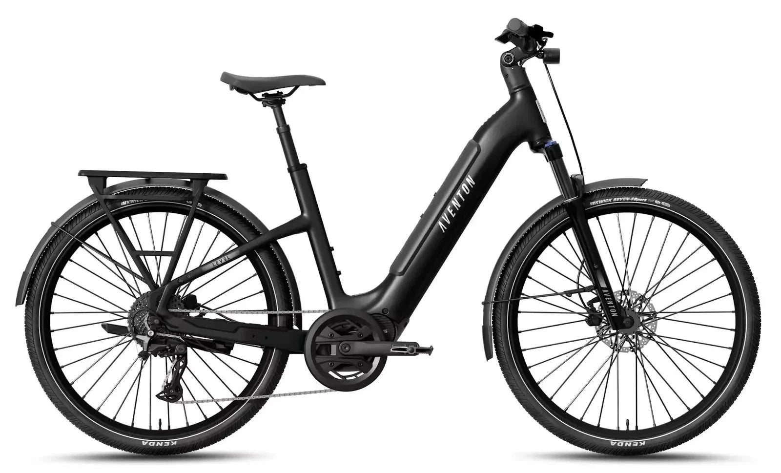 Black Aventon Trava ADV Step Through City E-Bike on a white background