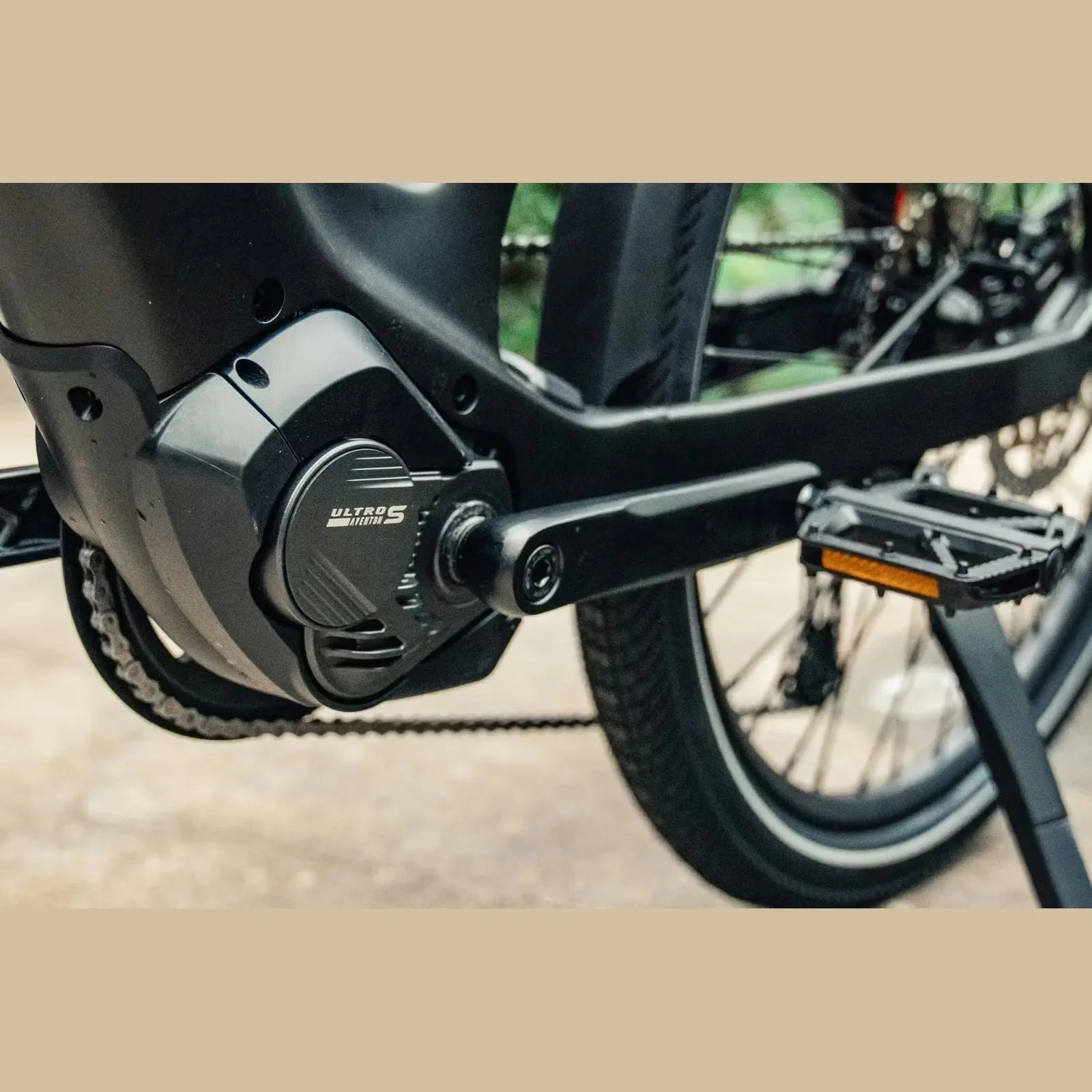 Close-up of a Aventon ADV Motor system with a blurred background