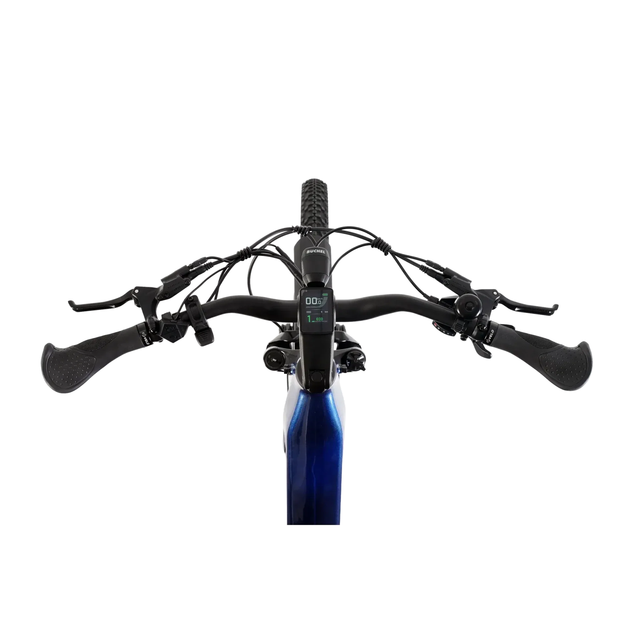 Bicycle handlebar with control buttons on a white background
